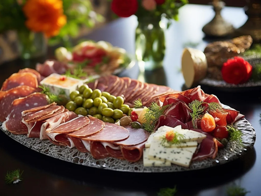close-up decorative cheese charcuterie board with artisanal selections