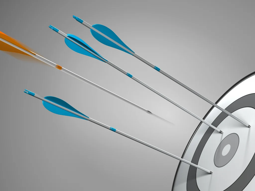 three blue arrows hitting target plus orange arrow hitting center 3d concept illustration competitive excellence strategic business