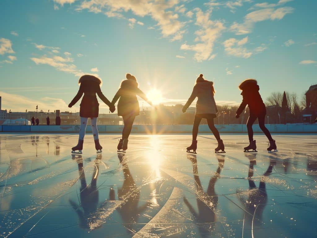 4 people ice-skating outdoors.