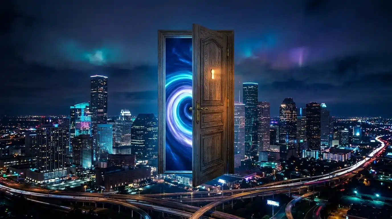 Ornate antique wooden door floating above Houston skyline at night, glowing keyhole revealing swirling blue and cyan vortex of light through the gap