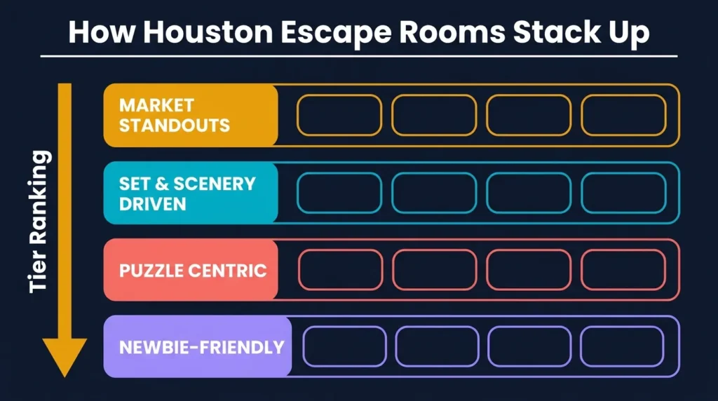 Tier ranking diagram with four horizontal bands labeled Market Standouts, Set and Scenery Driven, Puzzle Centric, and Newbie-Friendly on dark navy background