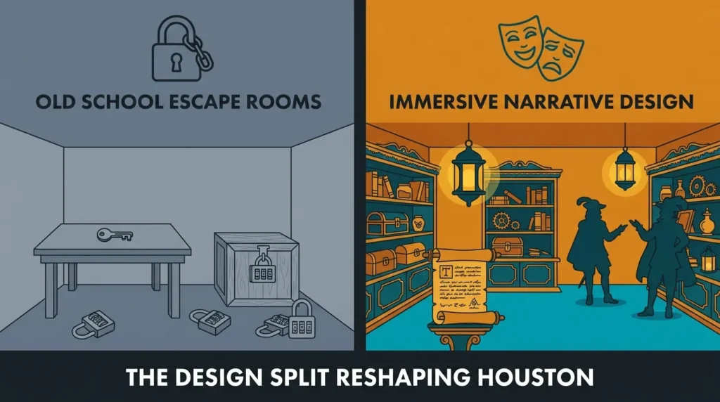 Split panel illustration comparing old-school escape room with combination locks to immersive narrative room with costumed actors and theatrical props
