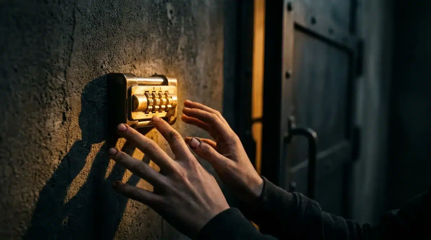 Teenage hands reaching toward a glowing puzzle lock on dark concrete wall, amber light spilling from a cracked door in the background
